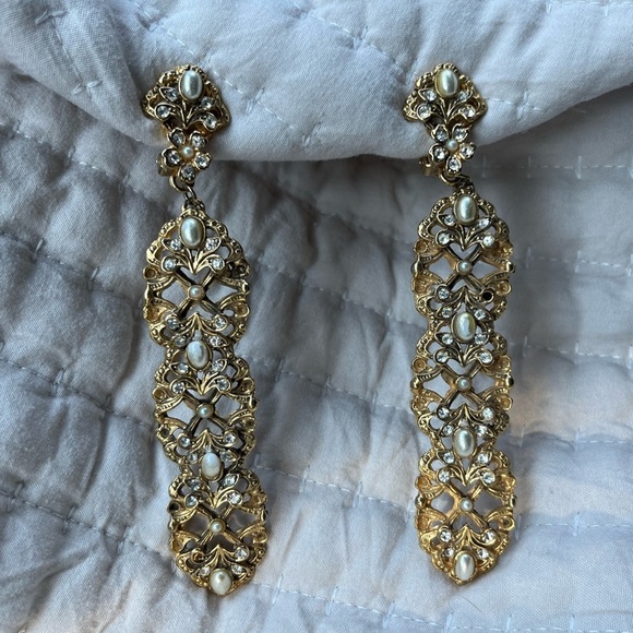 Vintage Jewelry - Vintage  Earrings Clip On Statement • Filagree • Faux Pearls • Gold Tone